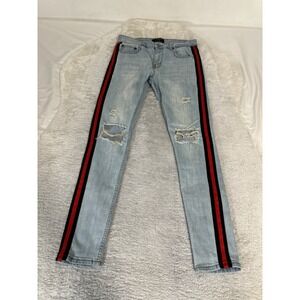 Serenede Jeans Men's 34x32 Blue Denim Jeans Black Red Stripe Distressed